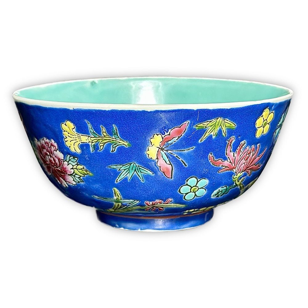 Vintage Famille Rose Blue Ground Millefleur Porcelain Rice Bowl & Spoon - Picture 10 of 10